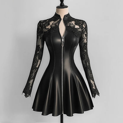 Women’s Elegant PU Leather Dress Black Lace Patchwork Mesh Long Sleeve Zipper Up Bodycon Dress A-Line Party Sexy Mini Dresses