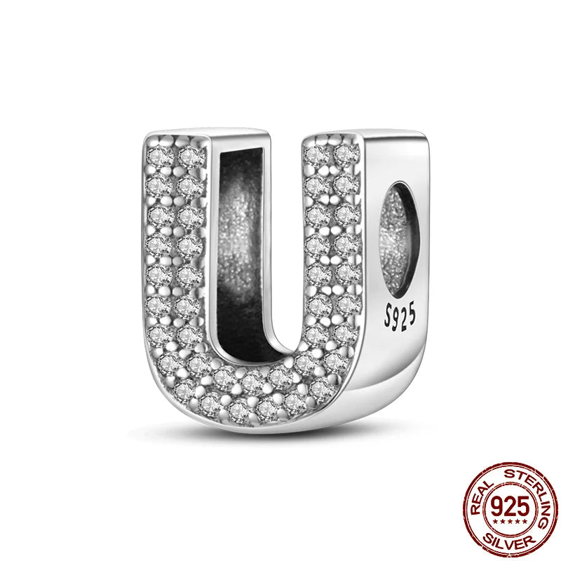 Original 925 Sterling Silver 26 Alphabet Letters Sparkling Zircon Charms Pendant Beads For Women Fine DIY Birthday Jewelry Gifts