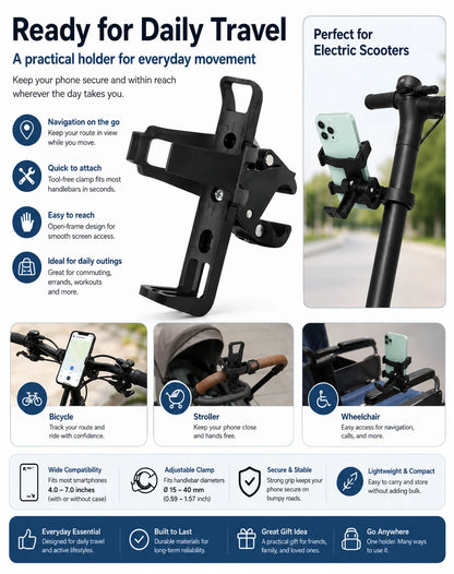 Universal Handlebar Phone Holder Adjustable Bike Scooter Stroller Wheelchair Mount Clamp Stand for 4.0-7.0 Inch Smartphones Uses