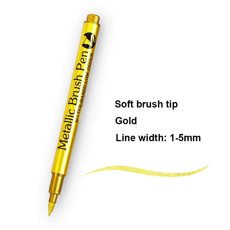 2/1Pc Brush Metallic Marker Pens Gold Silver Color Permanent Art Marker For Manga Crafts Scrapbooking School Stationery Supplies