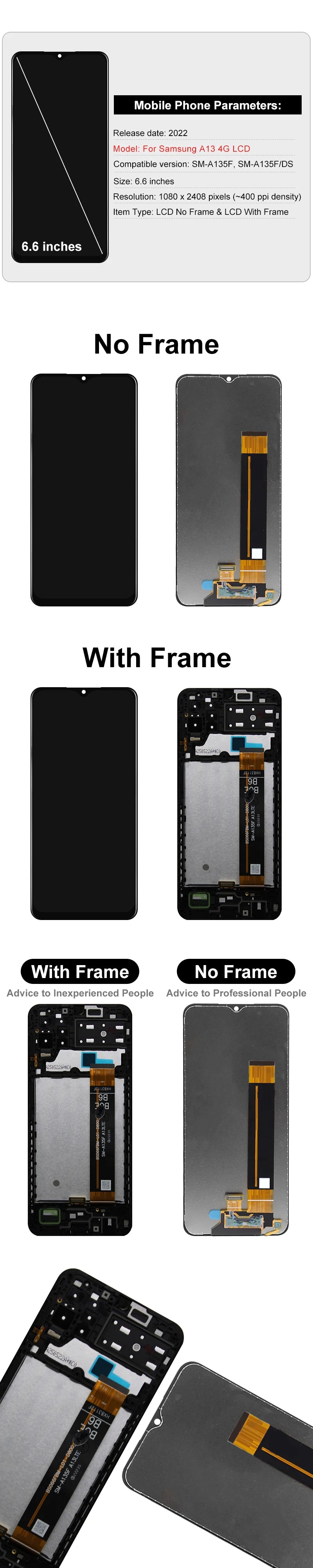 AAA Quality 6.6" IPS LCD For Samsung Galaxy A13 4G LCD A135 Display SM-A135F Touch Screen For SM-A135M SM-A135F/DS Replace Part