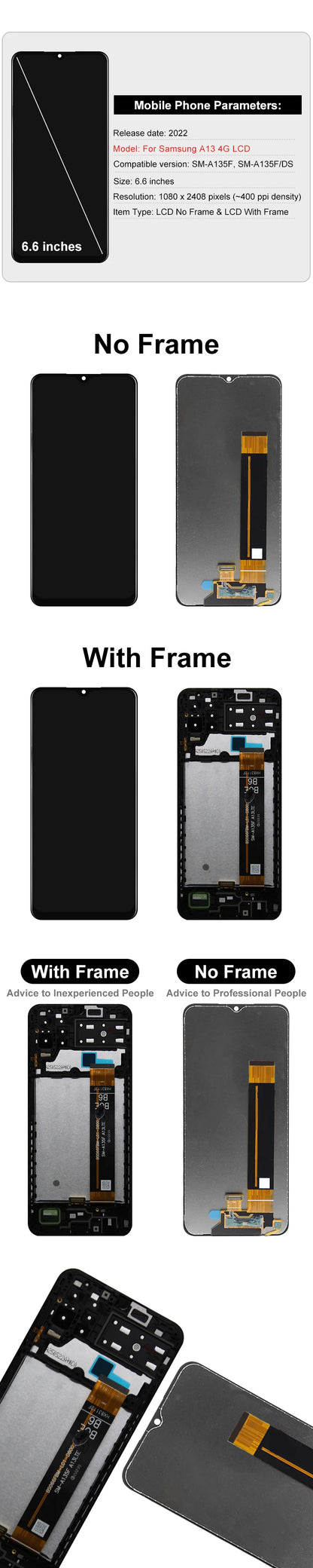 AAA Quality 6.6" IPS LCD For Samsung Galaxy A13 4G LCD A135 Display SM-A135F Touch Screen For SM-A135M SM-A135F/DS Replace Part