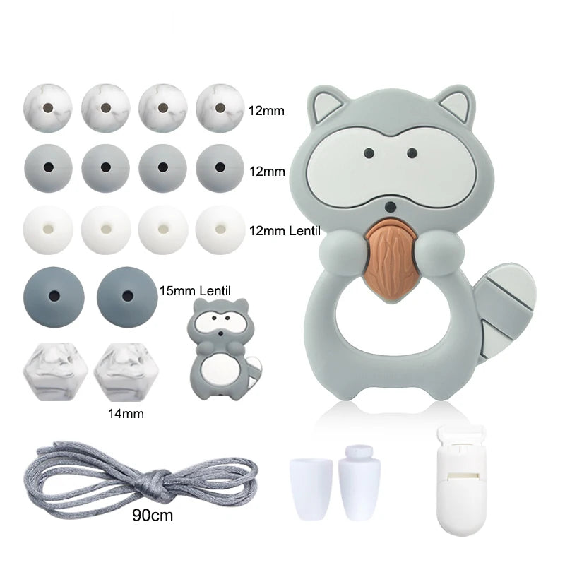 LOFCA Silicone Teether Wood Beads Set BPA Free DIY Baby Teething Necklace Toy Cartoon Koala Raccoon Pacifier Chain Clip