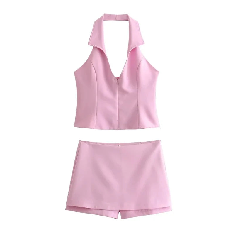 Women Summer 2 Piece Set High Waist Back Pocket Mini Skirts Shorts Sexy V-Neck Sleeveless Backless Suspender Zipper Top