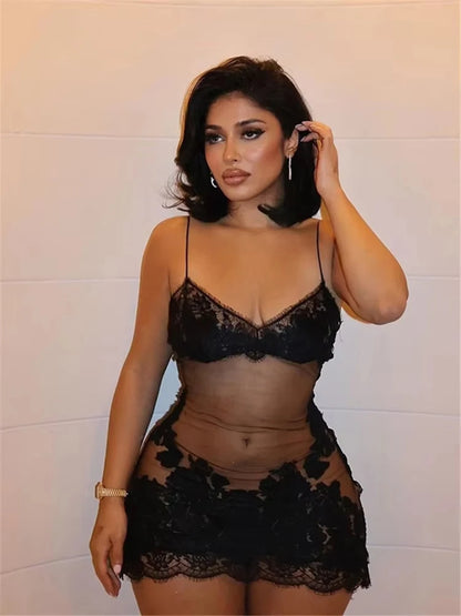 Lace Transparent Mini Dress Sexy Women Wrapping Spaghetti Embroidery Flower Sheath Nightwear Club Mesh Wave Fantacy