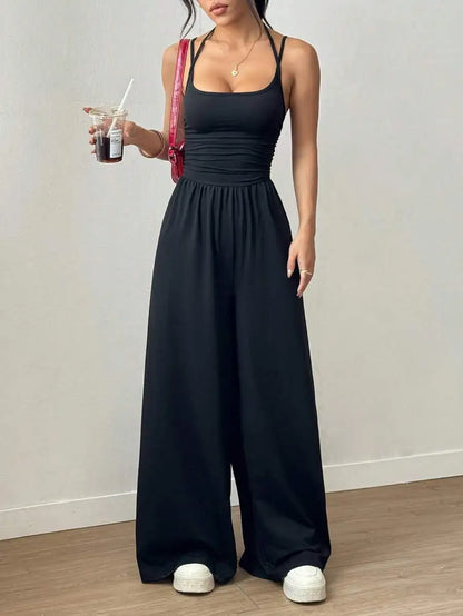 Women's Summer Black Casual Pleated Loose Straight-Leg Jumpsuit, Adjustable Halter Neck Tie