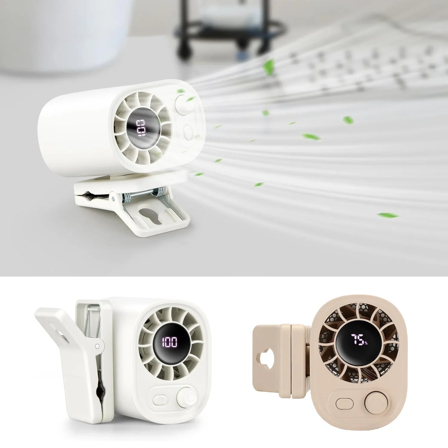 Car Clip On Fan, Outdoor Umbrella Fan & Waist Clip Fan, 360° Rotatable 100-Speed USB Rechargeable Desktop Cooling Fan