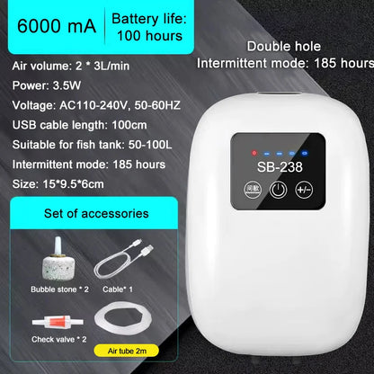 SOBO Aquarium Fish Tank Oxygen Air Pump Compressor Charging Silent USB with Battery Portable Fishing Oxygenator 6000mA Outdoor