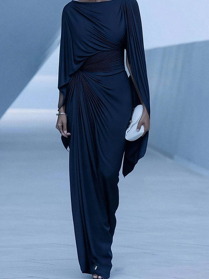 Elegant High Waist Solid Color Banquet Dress Lady Leisure Irregular Long Sleeve Dress Sexy Slash Collar Pleat Slim Evening Dress