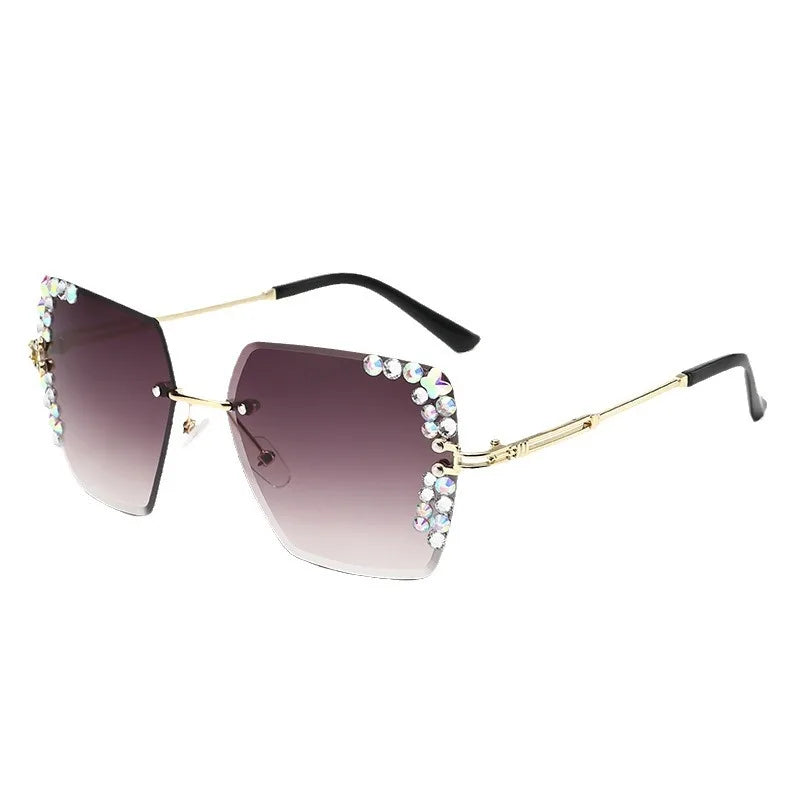 1 pair of fashionable women's square frameless gradient lens glasses with crystal decoration and metal material