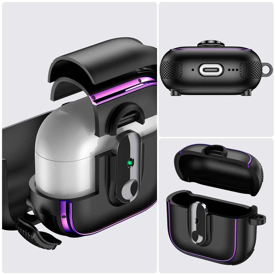 Armor locking clasp Earphone Cover For AirPods 4 3 2 Pro 3 With Plated Purple Strips With Magnetic Attraction Protective Case
