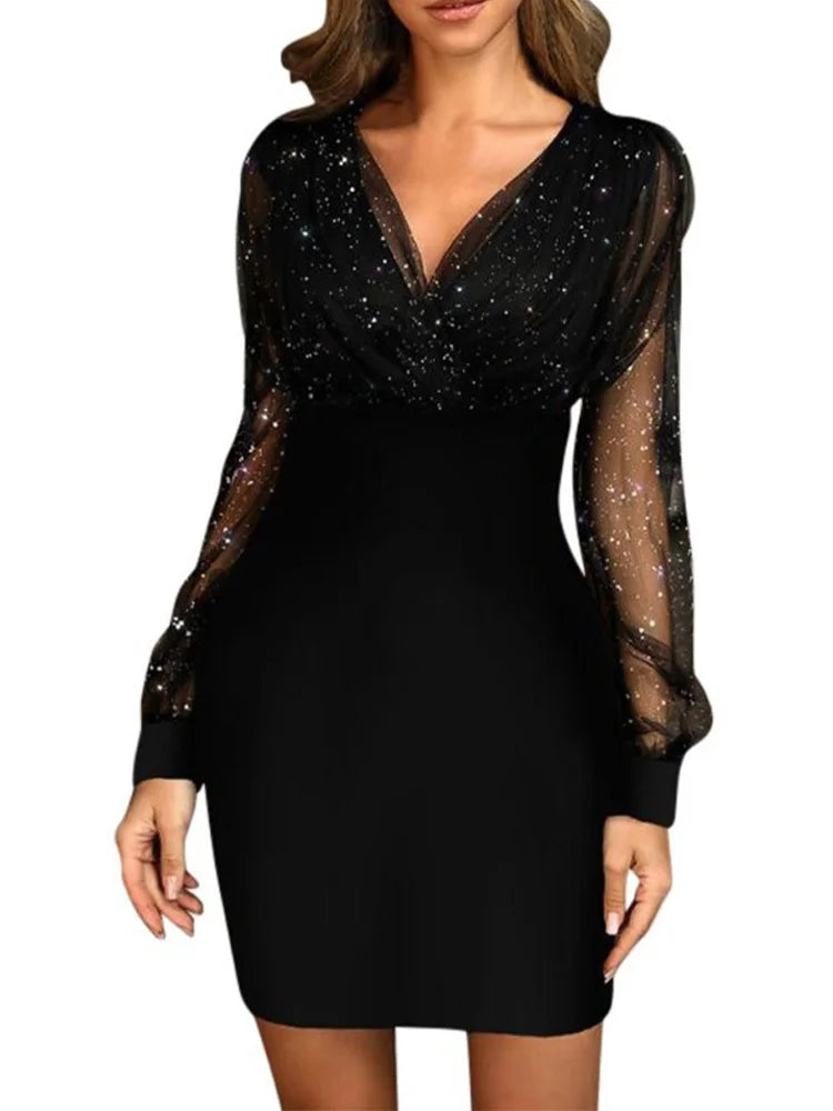 Sexy V-Neck See Through Long Sleeve Dress Women Spring Autumn New Year Party Mini Dresses vestidos cortos
