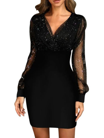 Sexy V-Neck See Through Long Sleeve Dress Women Spring Autumn New Year Party Mini Dresses vestidos cortos