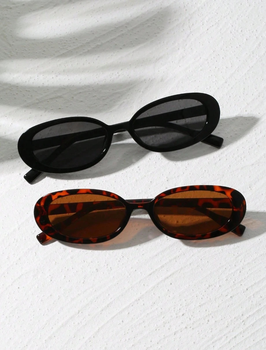 2pcs Vintage Small Frame Oval Shaped Plastic Sunglasses Outdoor Travel Beach Holiday UV Protection Fashionable Shade Travel