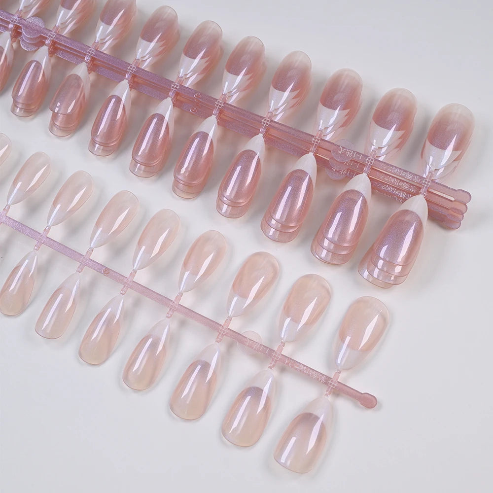120pcs French Pearlescent Fake Nails Short Almond Full Cover Press On Nail White Edge Design 12Sizes Pink French-False Nail Tips