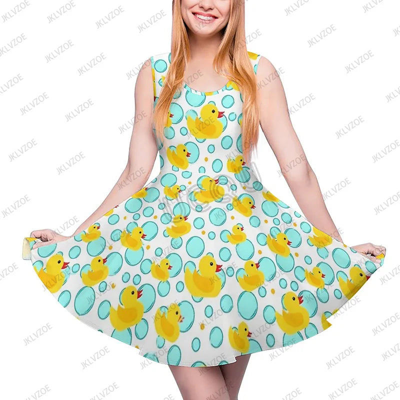 Summer New Fashion Yellow Classic Ducks Graphic Women Sleeveless Dress Kawaii Animal Aesthetic Dresses Female Kawaii Dress