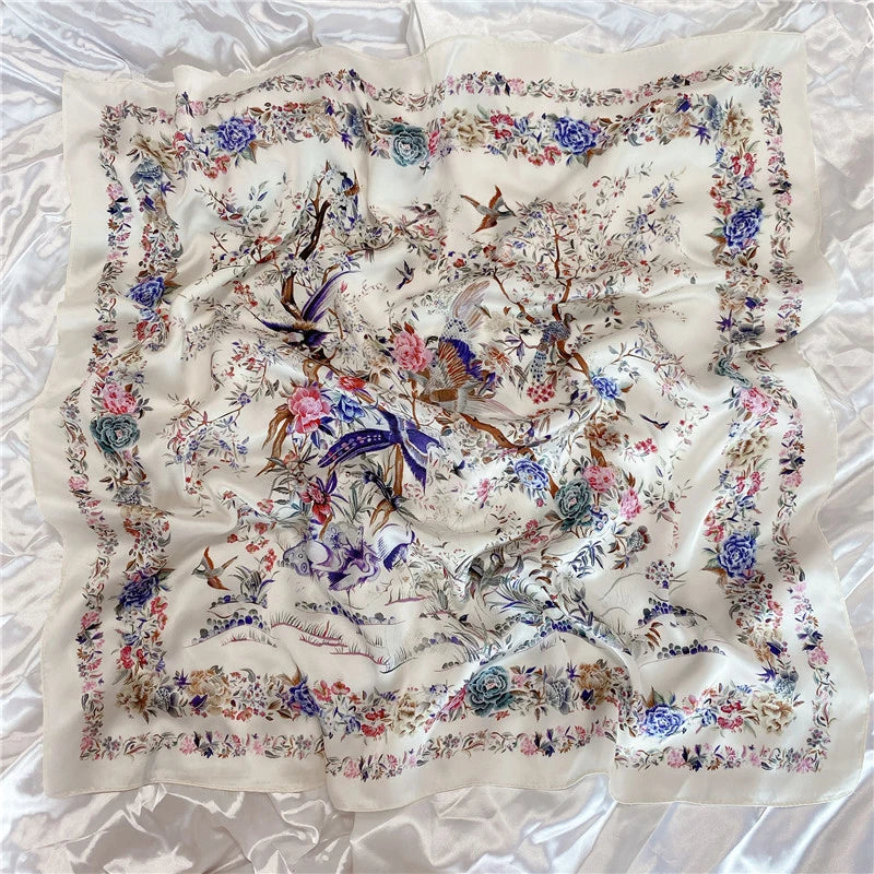 1PCS 70cm Leaf Pattern Silk Scarf for Women Simulated Silk Fresh and Versatile Headwear Bag Clothing Accessories Square Scarf