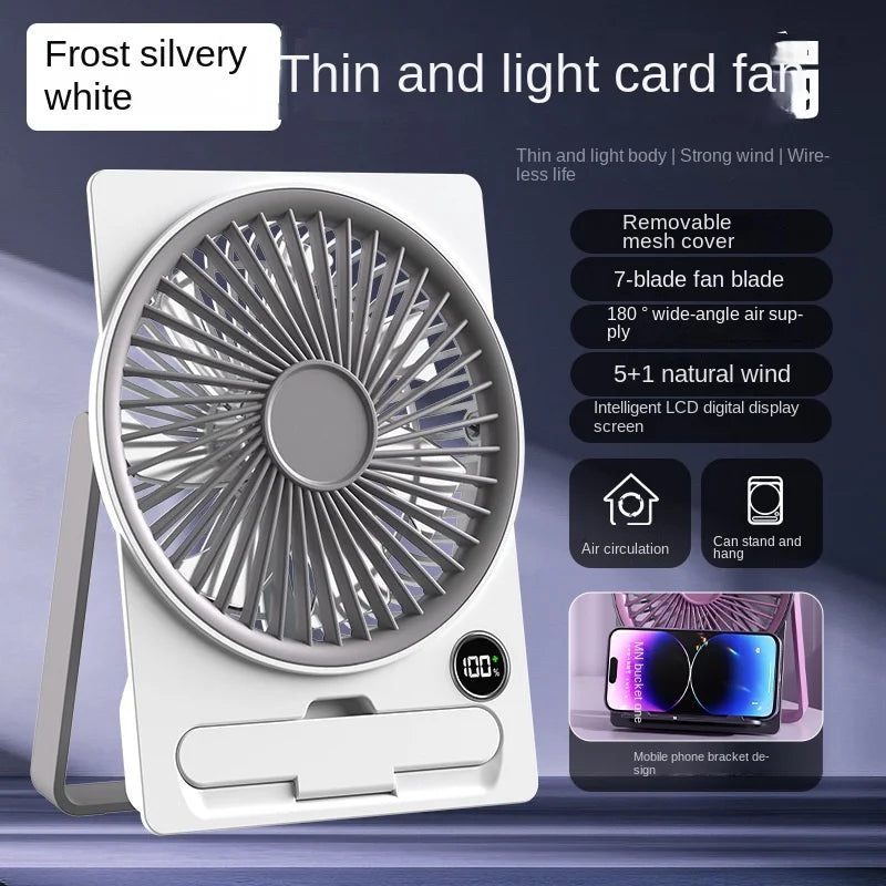 Ultra-thin Desktop Fan Digital Display USB Charging Strong Wind Portable Silent Card Style Fan Dormitory Office Summer Small Fan