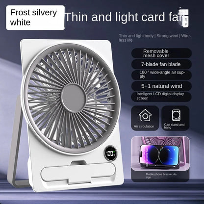 Ultra-thin Desktop Fan Digital Display USB Charging Strong Wind Portable Silent Card Style Fan Dormitory Office Summer Small Fan