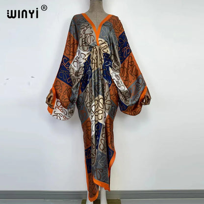 Sexy bech high-quality hand-rolled feel silk rayon fashion print 2021 WINYI Maxi women's robes long beach V-neck Bohemian dress