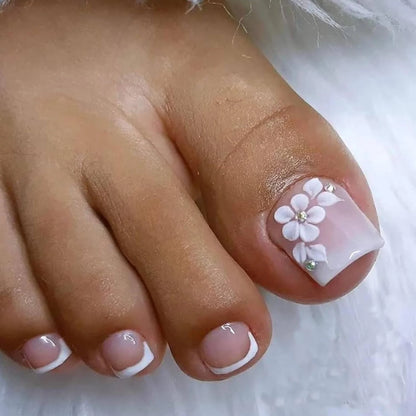 24PCS Pink Fake Toenails With Full Coverage Of Glossy Acrylic Glue, Designed Flower Artificial Ssticks, Suitable For Women's