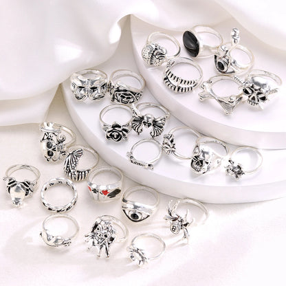 24 Pcs Gothic Skeleton Unisex Ring Set Punk Grunge Butterfly Frog Woman Man Jewelry Hip Hop Party Street Ring Accessories Gift