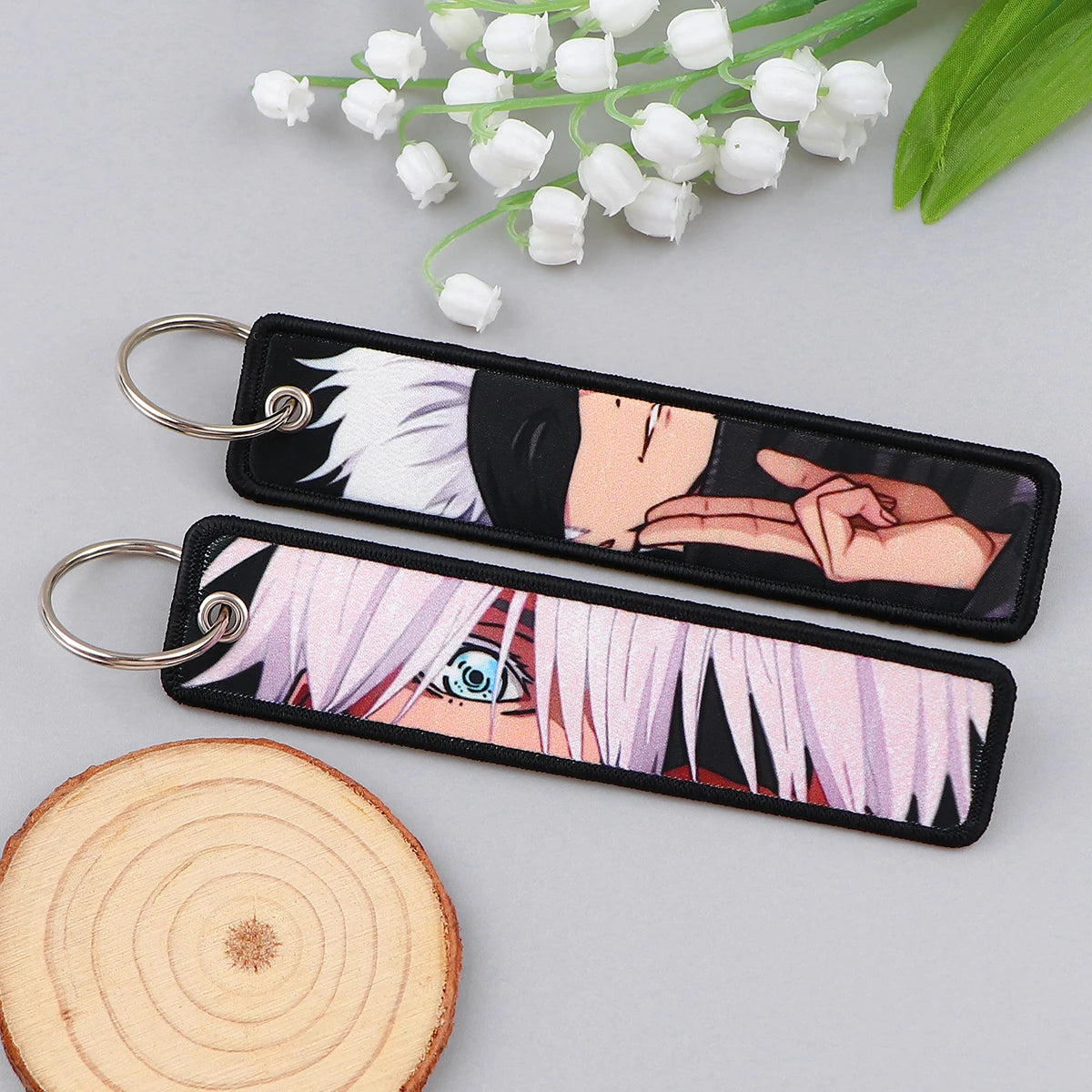 Anime Satoru Gojo Geto Suguru Embroidery Key Fobs Japanese Manga Key Tag Keychain Key Ring Backpack Chaveiro