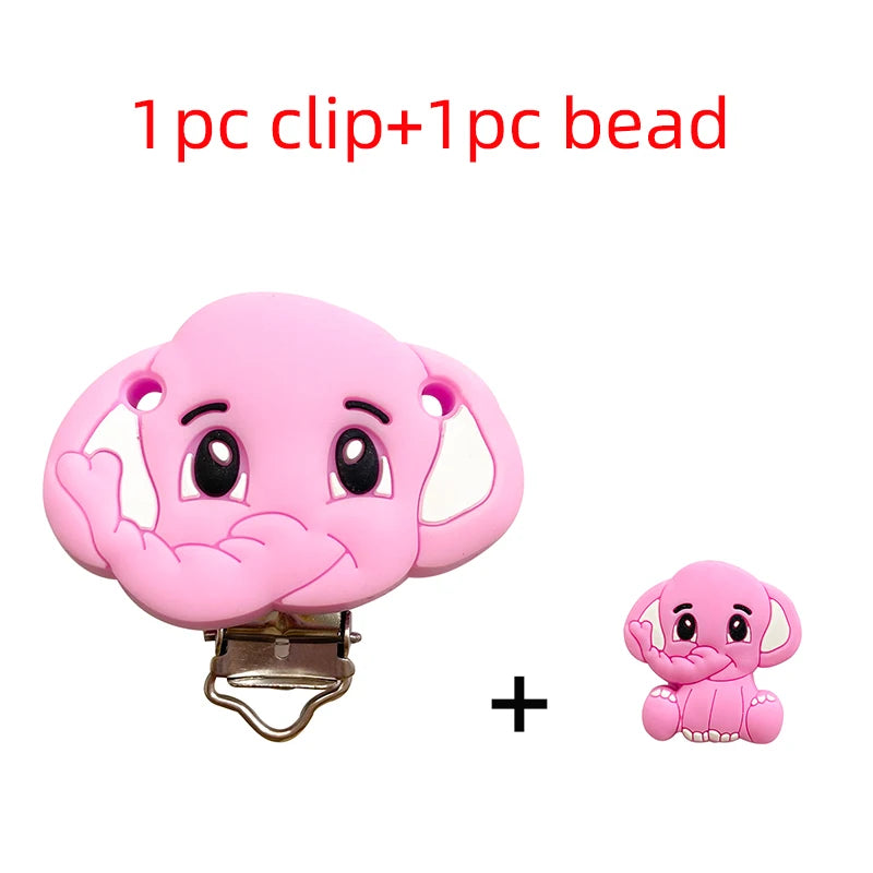 2pcs Silicone Cartoon Animal Teething Toy Fox Panda Elephant Food-Grade Silicone Nipple Necklace Clip Baby Toy Gift