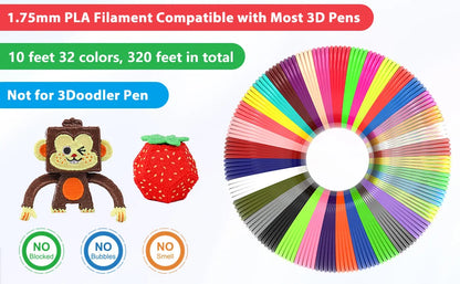 32 Colors 3D Pen Filament 1.75mm PLA, Each Color 10Feet(3m), Total 320 Feet (96m) 3D Pen Filament Refills, Random Color