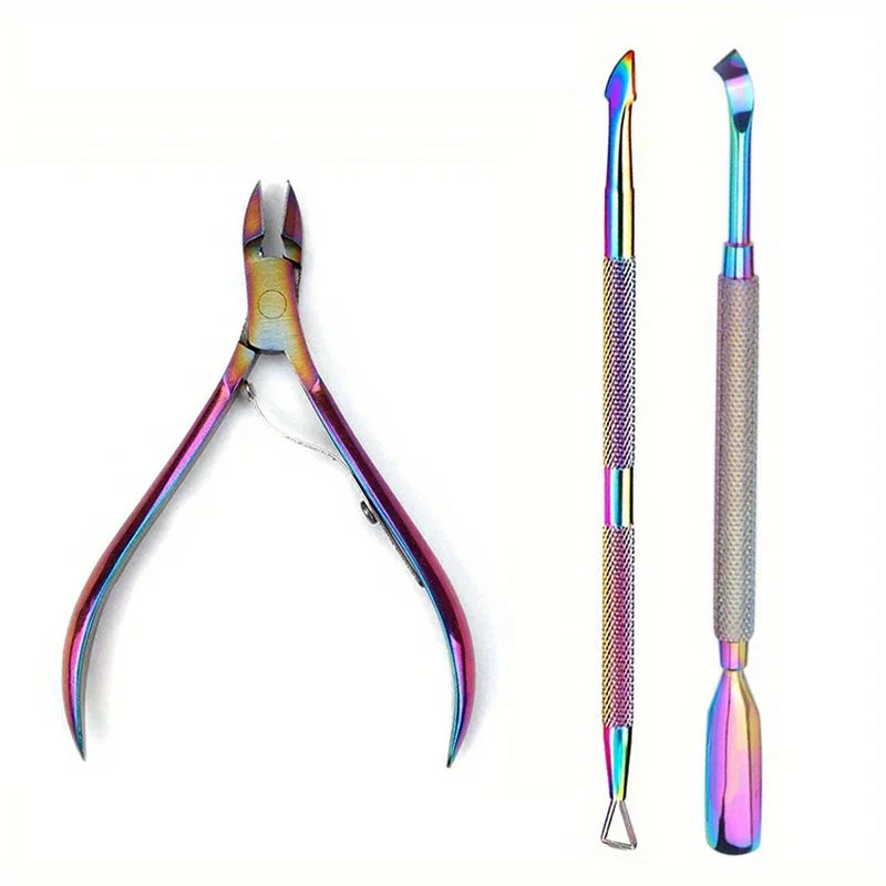 Nail Cuticle Pusher Tweezer Rainbow Cutter Nipper Clipper Dead Skin Remover Stainless Steel Manicure Nails Art Tool ManicureTool