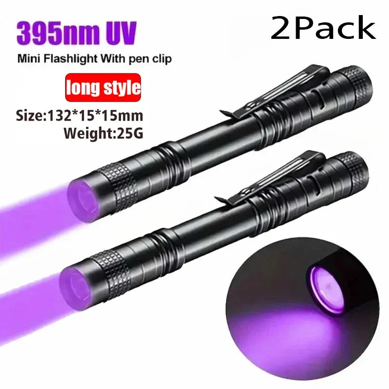 1/2PCS UV Flashlight 395nm Ultraviolet Torch With Pen Clip Portable Use AAA Batteries Light Pet Urine Scorpion Detector UV Lamp