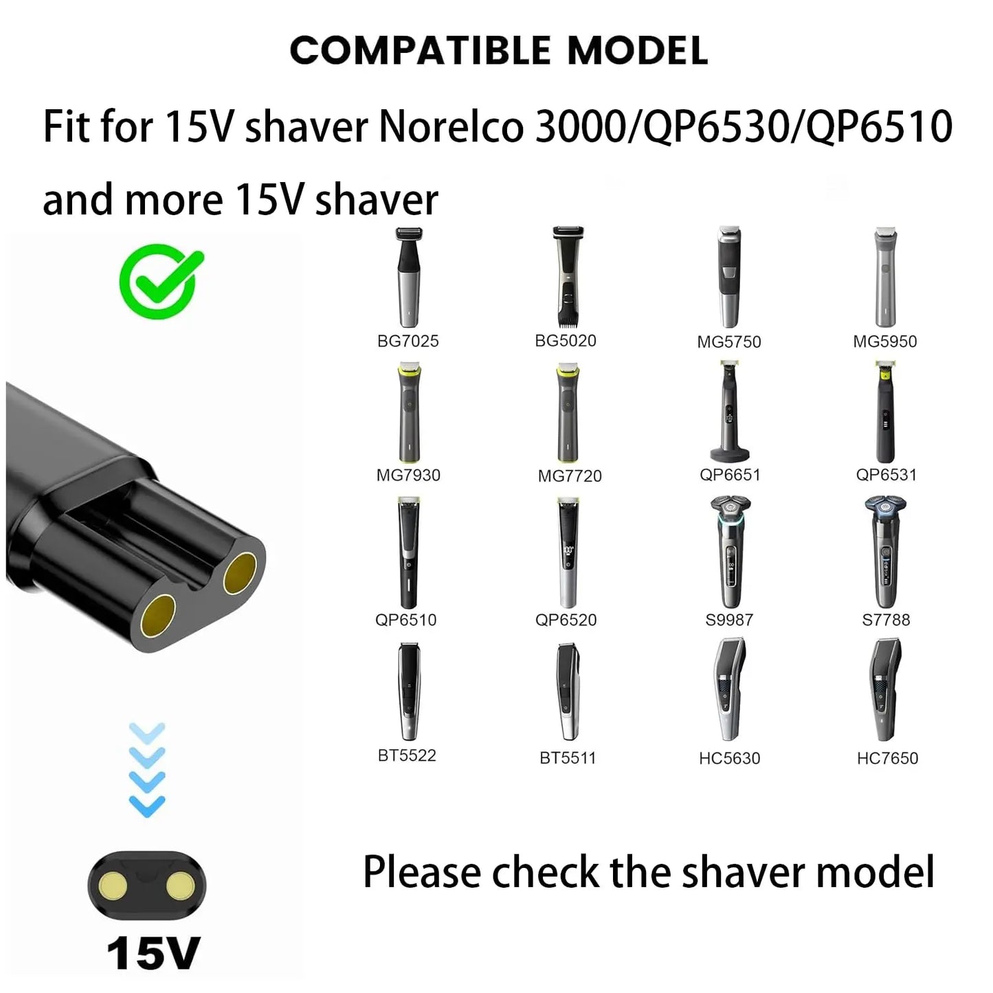 15V HQ8505 Type-C Shaver Adapter Charging Converter for Philips Norelco One Blade Pro QP6510 QP6520 QP6530 Beard Trimmer