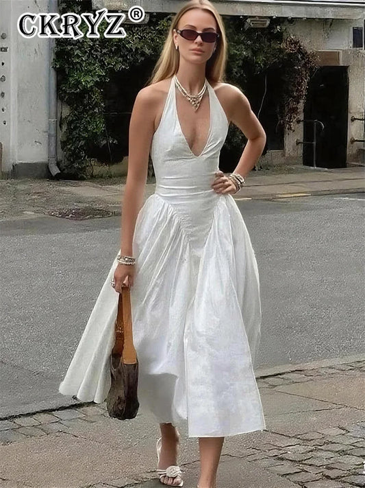 Ladies Summer Evening Party New Fashion Dress Women Sleeveless Backless V-Neck Sexy Birthday  Long Dresses 2025 Woman Streetwear