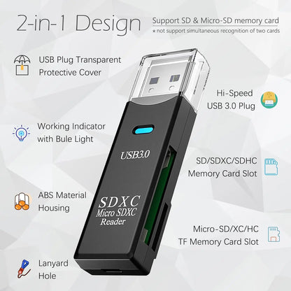 Multi Functional 2-in-1 High-speed USB 3.0/2.0 Card Reader Supports TF+SD Computer, Tablet Camera, Laptop, Car Mounted