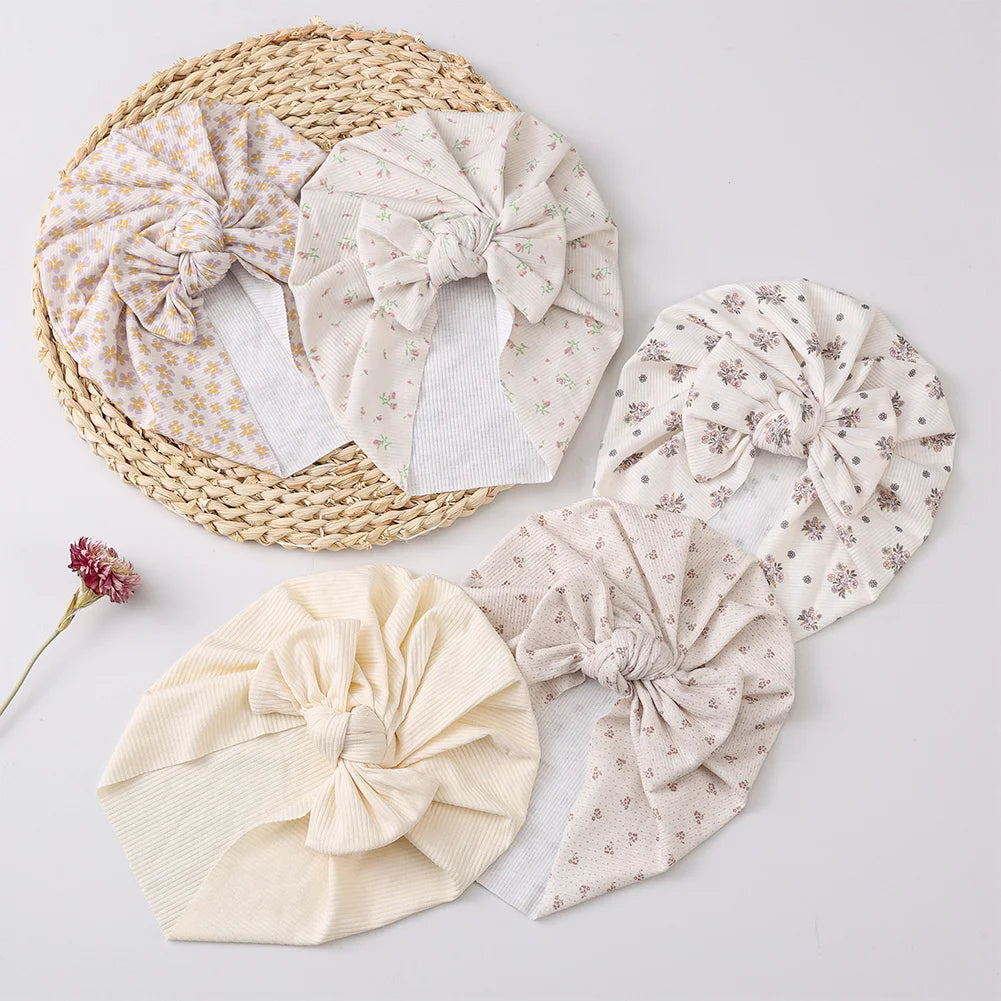 3Pcs/Lot Baby Boys Girls Flower Print Baby India Turban Hats Sweet Hair Bows Topknotted Caps Beanies Ins Bear Heart Headwraps