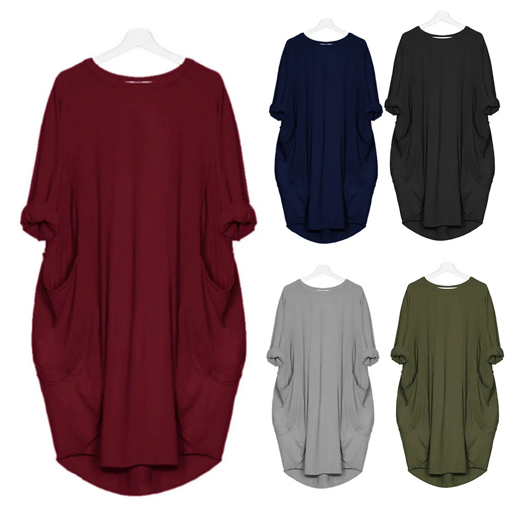 Women's summer casual fashion loose plus size solid color multi-color optional round neck long sleeved dress