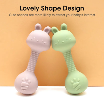 Food-Grade Baby Bunny Silicone Rattle Teether – Dumbbell Shape for Easy Grip, Handheld Toy for Infants