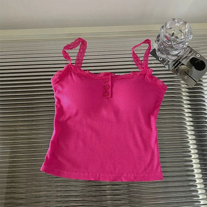 Summer Lace Strap Patchwork Camisole Women Solid Color Sleeveless Buttons Tank Top
