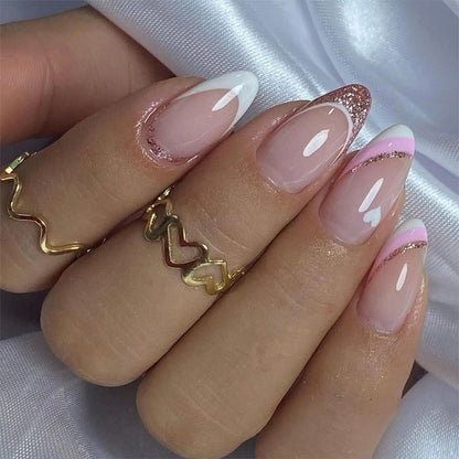 24PCS nude pink short square fake nails, Gold lines, love design, full cover fake nail set, 1 nail file and 1 nail glue sticker