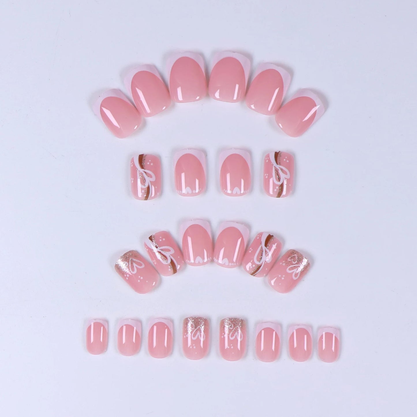 24PCS nude pink short square fake nails, Gold lines, love design, full cover fake nail set, 1 nail file and 1 nail glue sticker