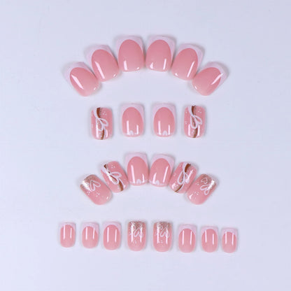 24PCS nude pink short square fake nails, Gold lines, love design, full cover fake nail set, 1 nail file and 1 nail glue sticker