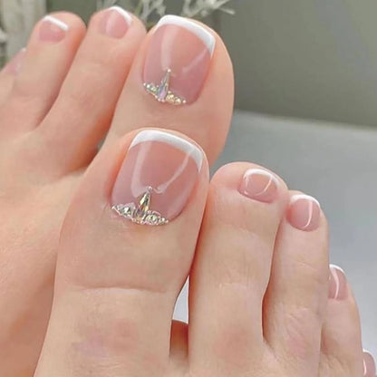 24PCS Pink Fake Toenails With Full Coverage Of Glossy Acrylic Glue, Designed Flower Artificial Ssticks, Suitable For Women's
