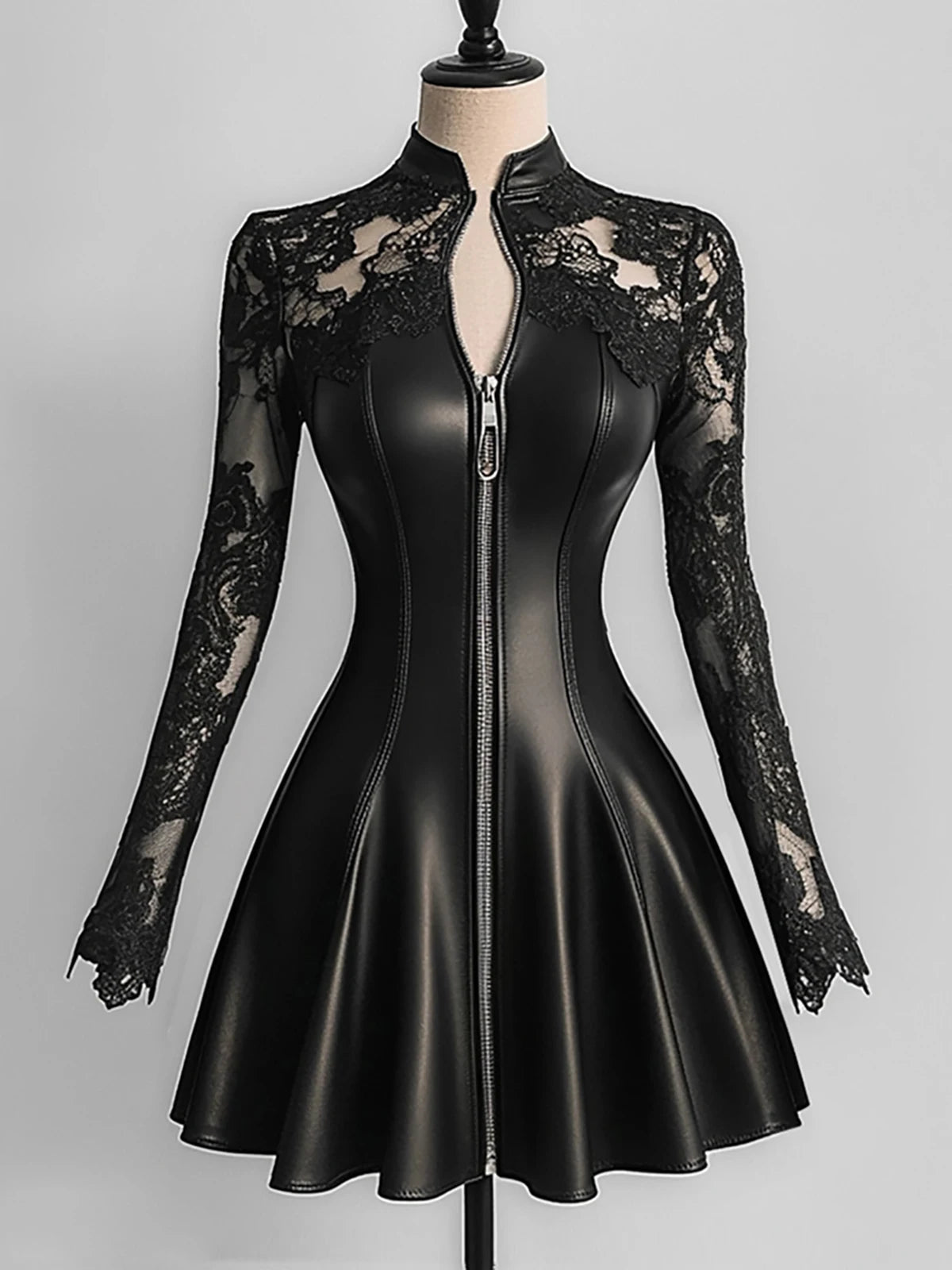 Women’s Elegant PU Leather Dress Black Lace Patchwork Mesh Long Sleeve Zipper Up Bodycon Dress A-Line Party Sexy Mini Dresses