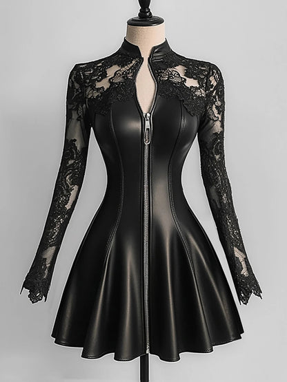 Women’s Elegant PU Leather Dress Black Lace Patchwork Mesh Long Sleeve Zipper Up Bodycon Dress A-Line Party Sexy Mini Dresses
