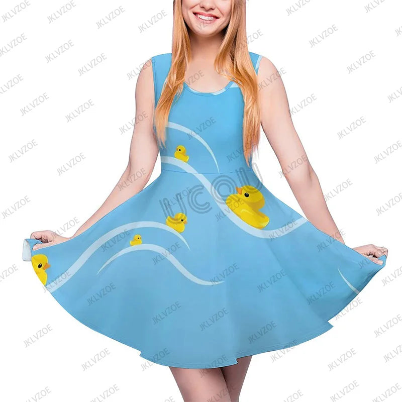 Summer New Fashion Yellow Classic Ducks Graphic Women Sleeveless Dress Kawaii Animal Aesthetic Dresses Female Kawaii Dress