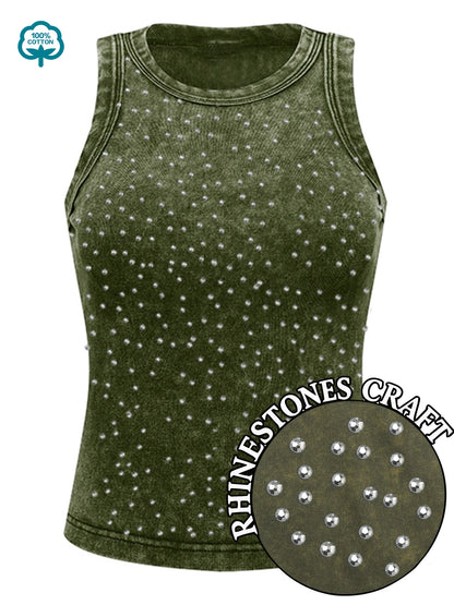 100% Cotton Solid Color Women Washed Vest Y2K Casual Tank Top Street Sleeveless Clothes Summer Rhinestone Craft Sportswear