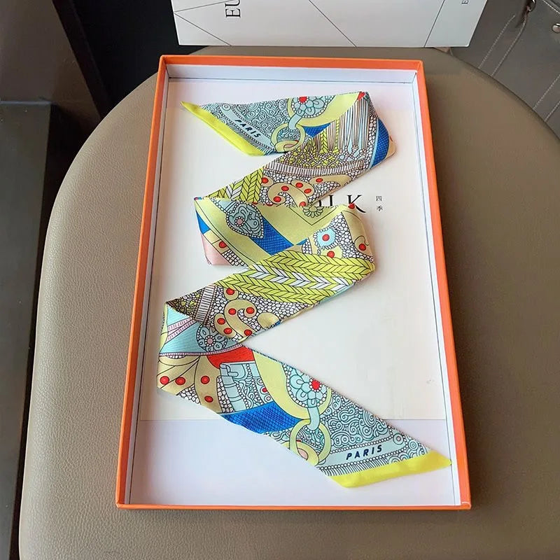 5*90cm French Retro Printed Silk Scarf Tied and Wrapped Handle Ribbon Scarf Light Luxury Saddle Twill Streamer Decoration
