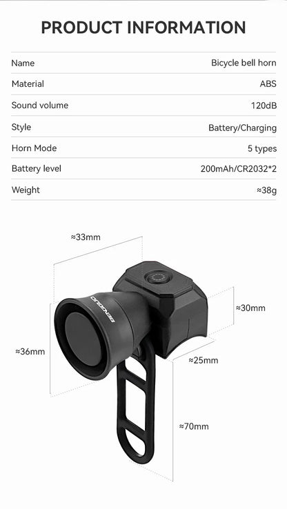 IP4X Waterproof Bicycle Mountain Bike Horn 120 db Battery/Charging Bike Bell Children's Scooter Baby Stroller Balance Car Horn