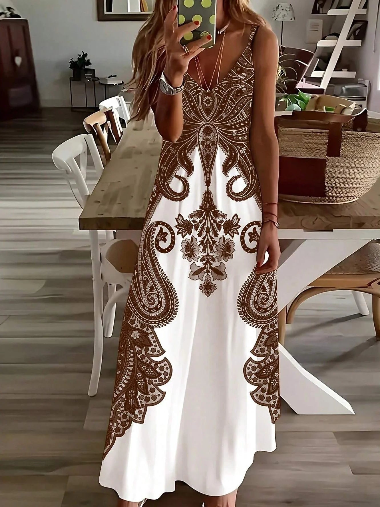2024 Cross border New Flower Printed V-neck Strap Dress with Exotic Bohemian Vacation Style Elegant Long Style