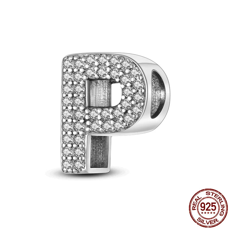 Original 925 Sterling Silver 26 Alphabet Letters Sparkling Zircon Charms Pendant Beads For Women Fine DIY Birthday Jewelry Gifts